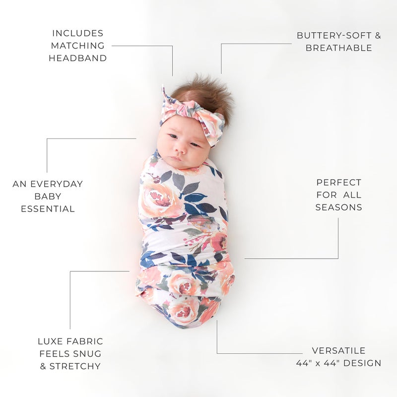 Posh Peanut Swaddle Blanket & Headband Set â€“ Viscose from Bamboo Stretchy Baby Swaddle for Newborn Girls, Receiving Blanket or Nursing Cover - Image 5